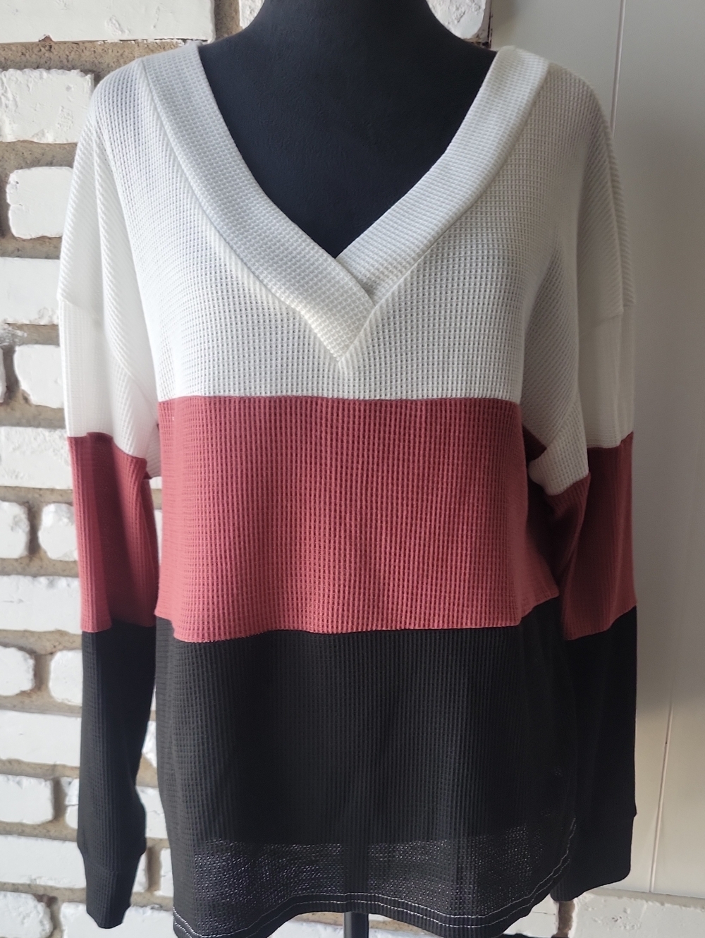 Shein - V-Neck Colorblock Sweater - White/Rust/Black